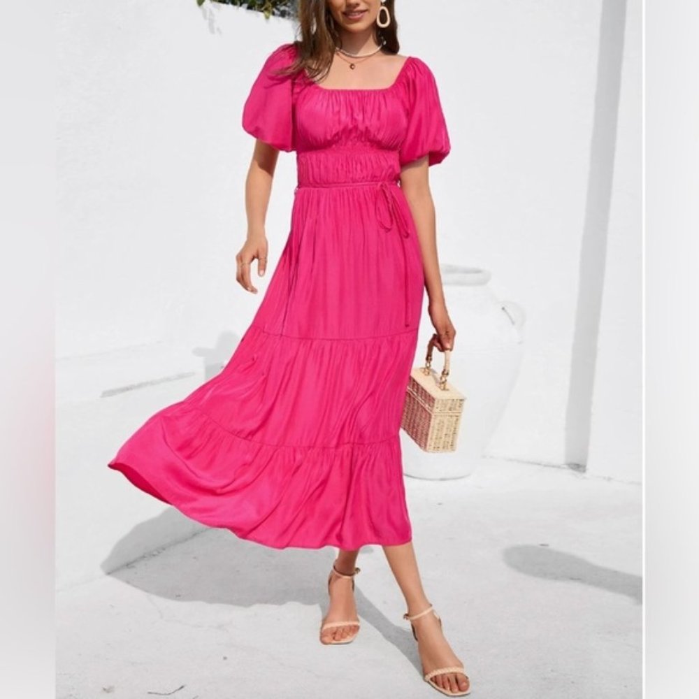 Boho Off Shoulder Puff Sleeve Layered Hem Belted Dress